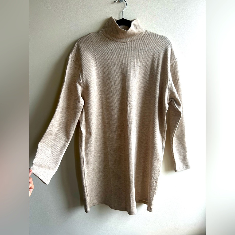 Soft Ribbed Mock Neck Sweater Dress - Beige